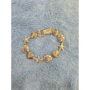 Silver Tone Sea Life Link Bracelet Sand Dollar Starfish Scallop Shell Beach